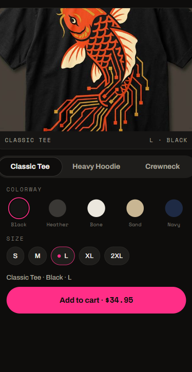 Development build — product screen: the koi design printed on a black classic tee with colorway and size selectors
